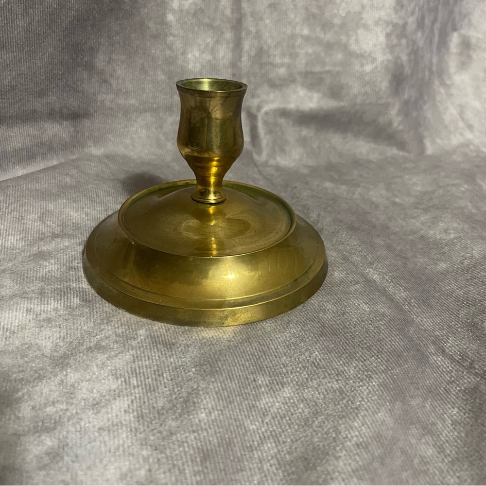 Vintage Large Round Base Brass Taper Candlestick Holder 3-1/2” T  5” W